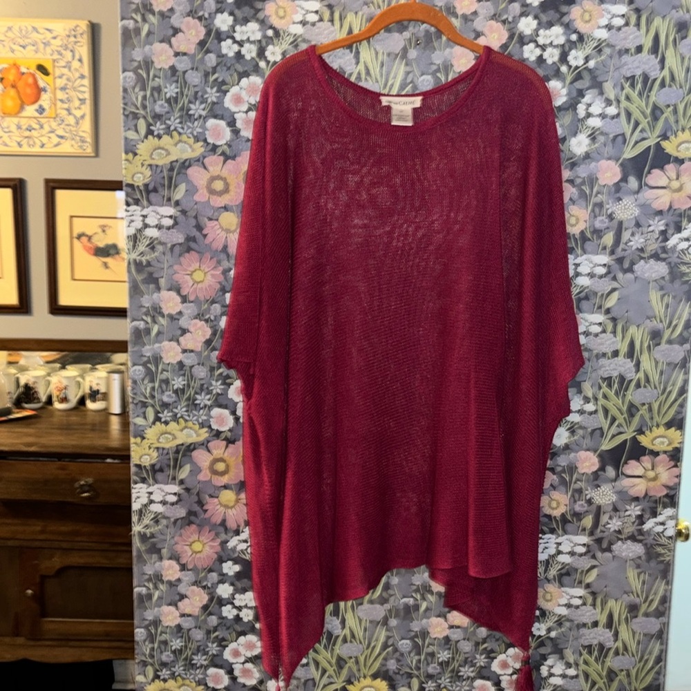 Johnny Was Calme Womens Size M/L Organic Linen Poncho With Tassels Magenta